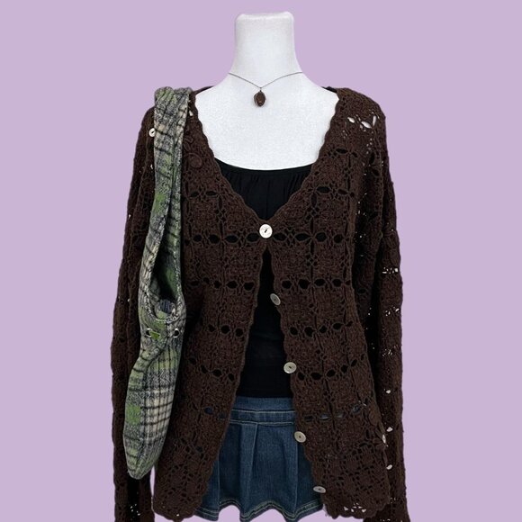 vintage 90s whimsygoth granola grunge netted crochet cardigan - Picture 1 of 8